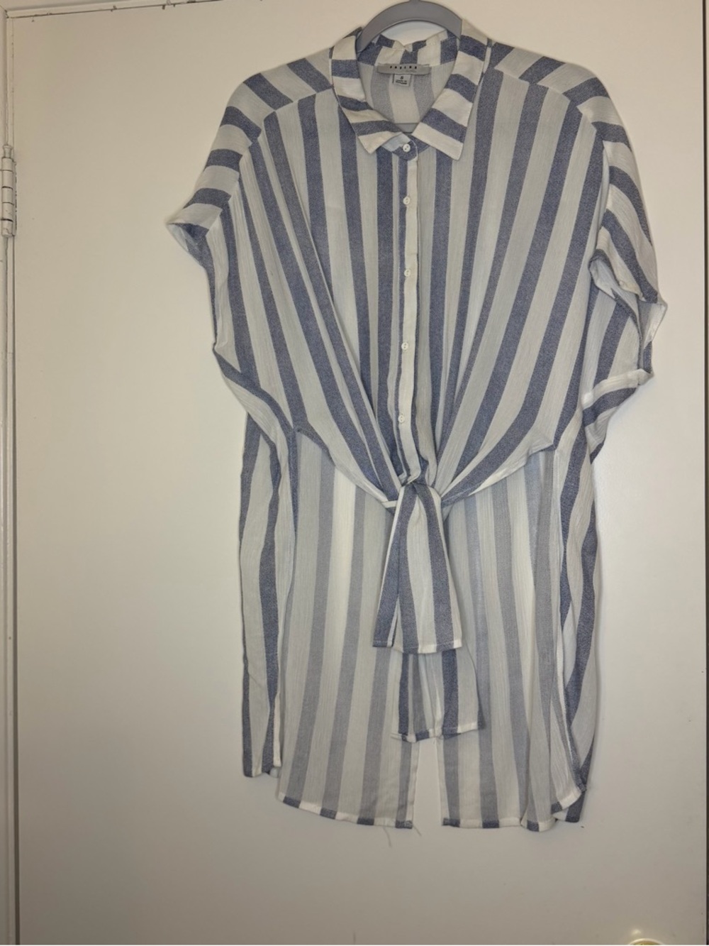FAVLUX Blue and White Vertical Stripe Tie-Front Button Down Shirt size S